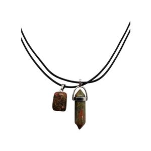 Set Of 2 Gemstones Black Leather Necklace 18"